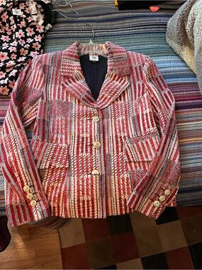 CAbi Red and White Striped Tweed Blazer Jacket